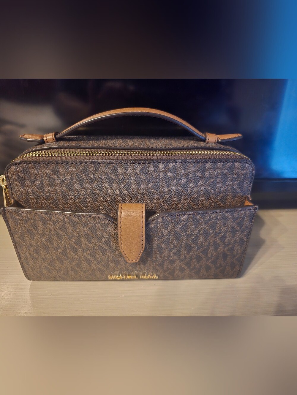 Michael Kors Brown Signature Monogram Medium Double Zip Phone Cross